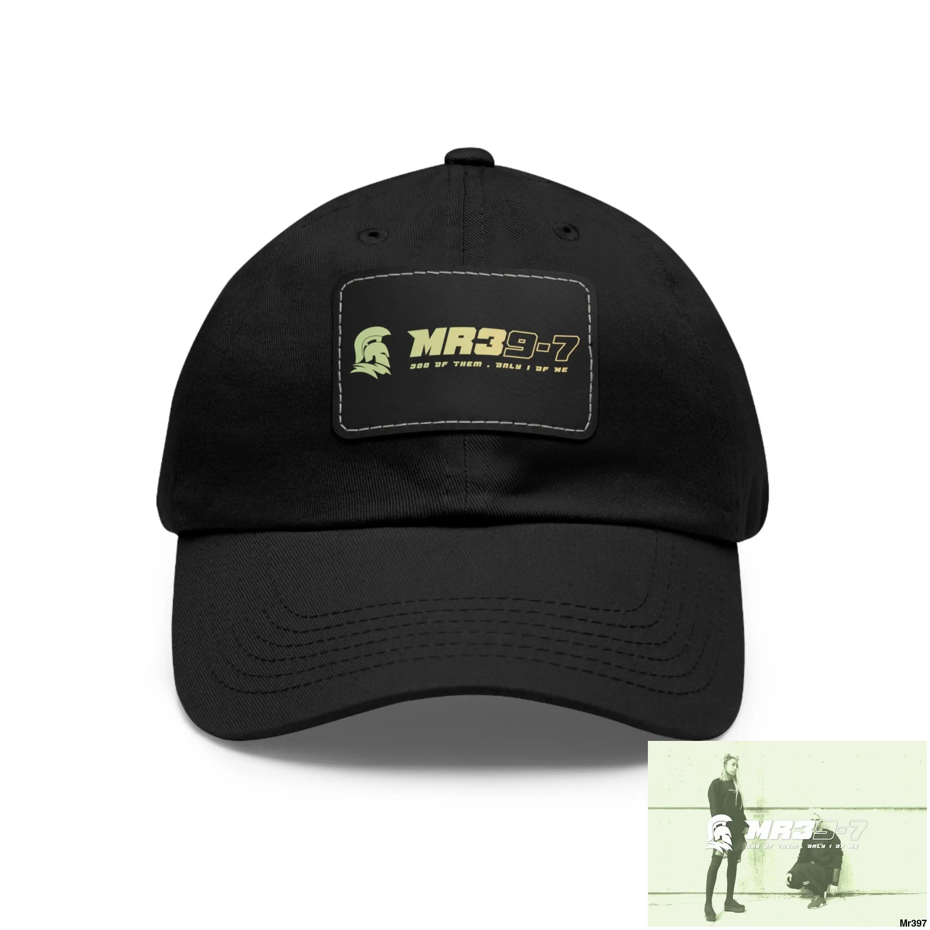MR39-7 Dad Hat with Leather Patch (Rectangle) Black / Black patch / Rectangle / One size Hats