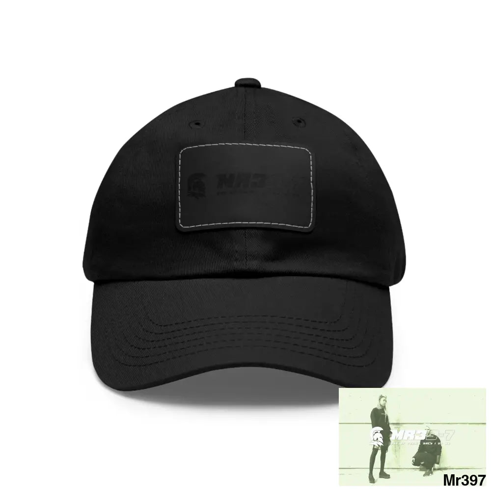 MR39-7 Dad Hat with Leather Patch (Rectangle) Black / Black patch / Rectangle / One size Hats