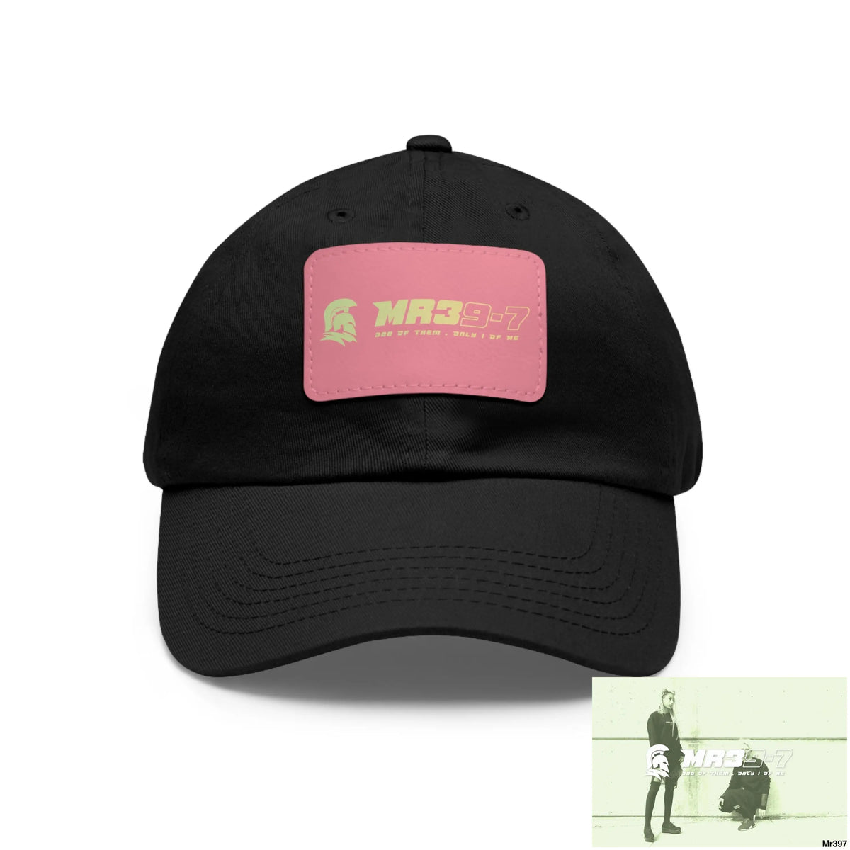 MR39-7 Dad Hat with Leather Patch (Rectangle) Black / Pink patch / Rectangle / One size Hats