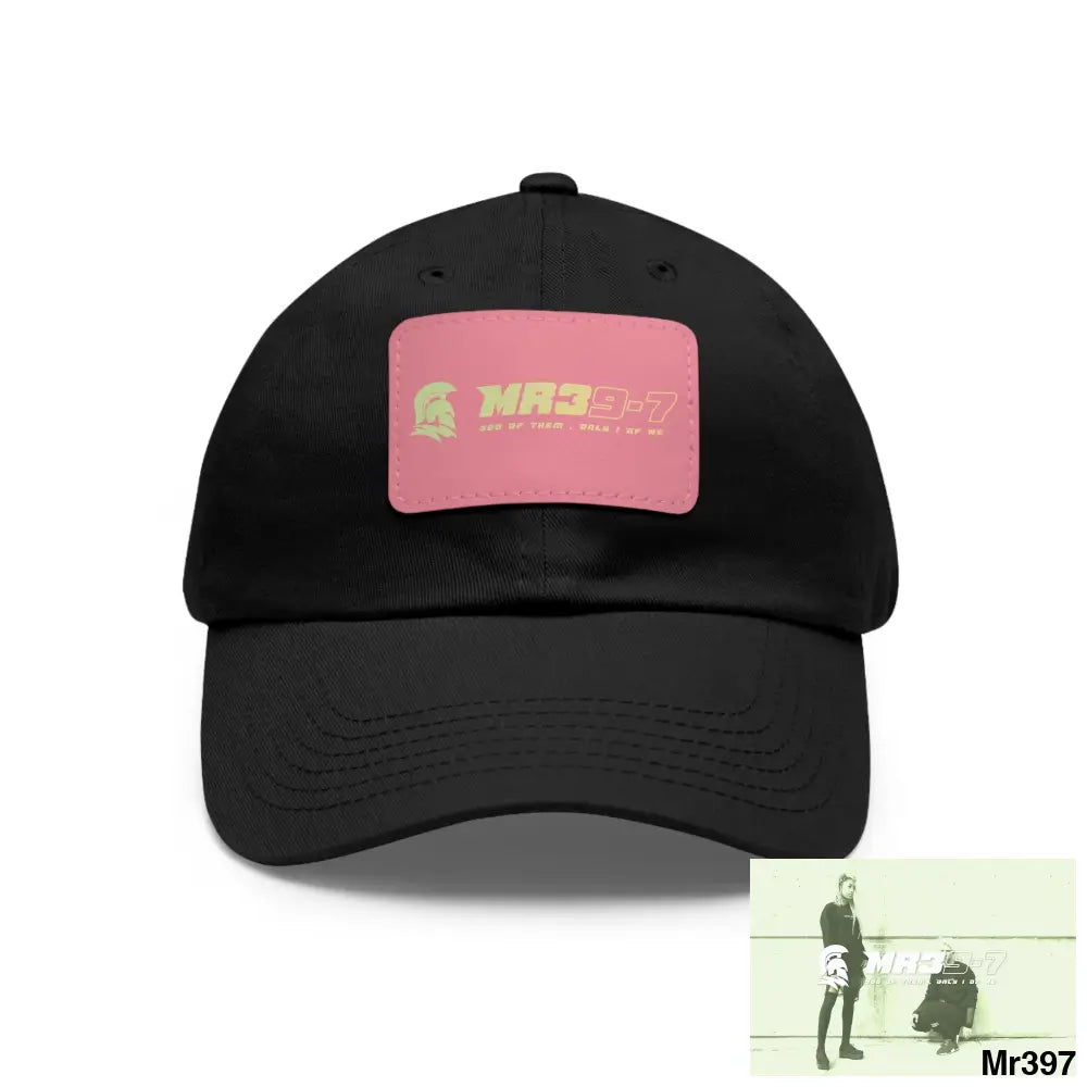 MR39-7 Dad Hat with Leather Patch (Rectangle) Black / Pink patch / Rectangle / One size Hats