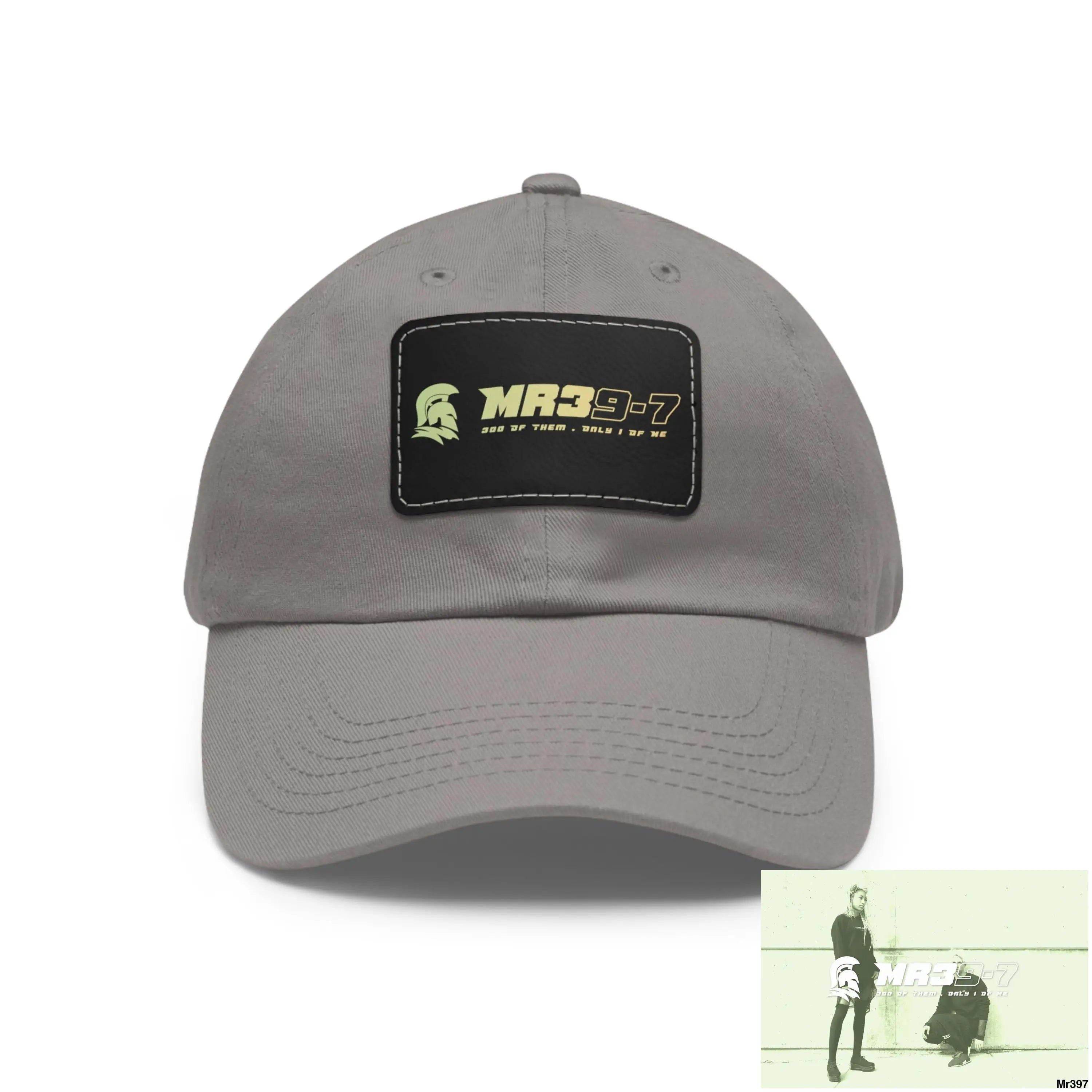 MR39-7 Dad Hat with Leather Patch (Rectangle) Grey / Black patch / Rectangle / One size Hats