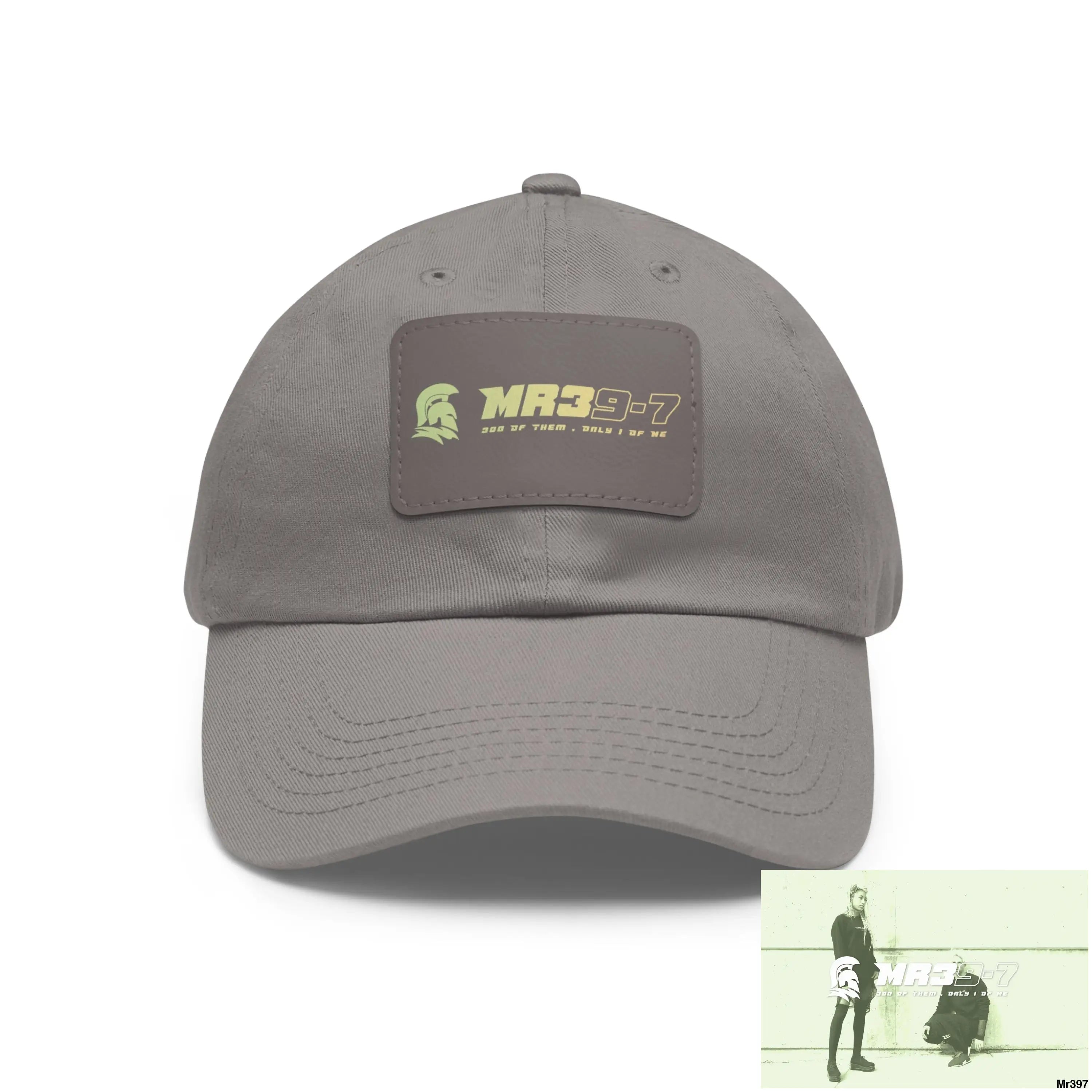 MR39-7 Dad Hat with Leather Patch (Rectangle) Grey / Grey patch / Rectangle / One size Hats