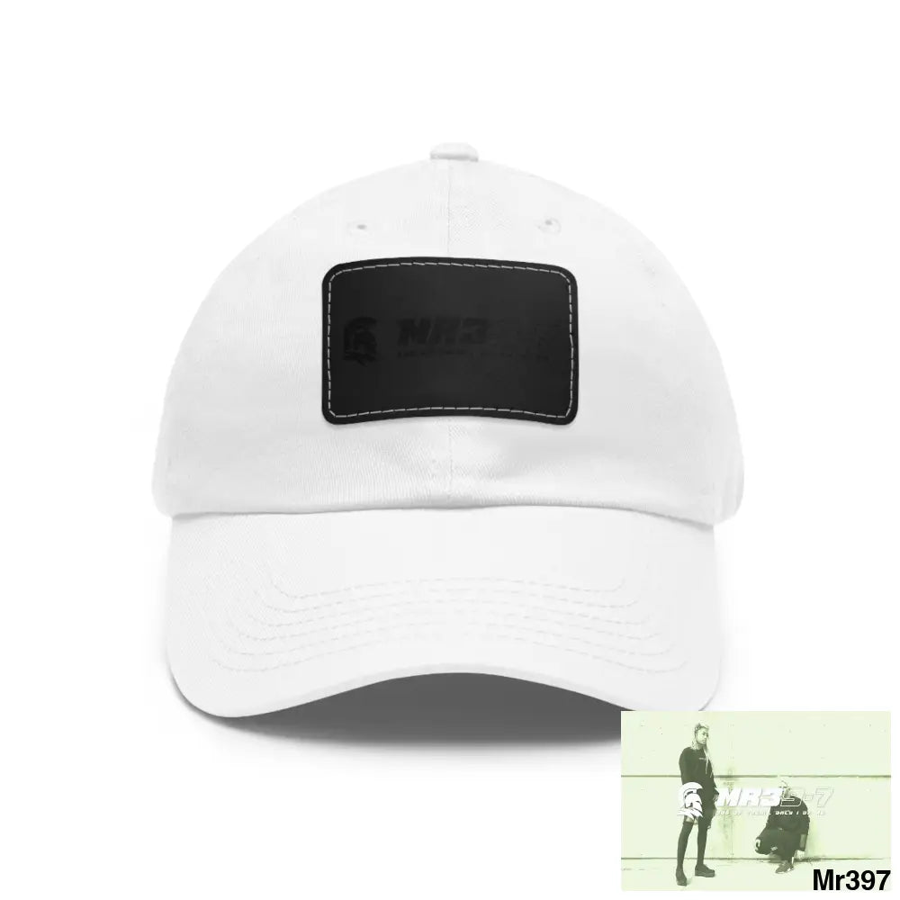 MR39-7 Dad Hat with Leather Patch (Rectangle) White / Black patch / Rectangle / One size Hats