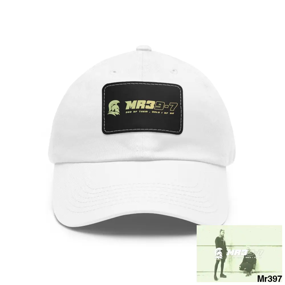 MR39-7 Dad Hat with Leather Patch (Rectangle) White / Black patch / Rectangle / One size Hats