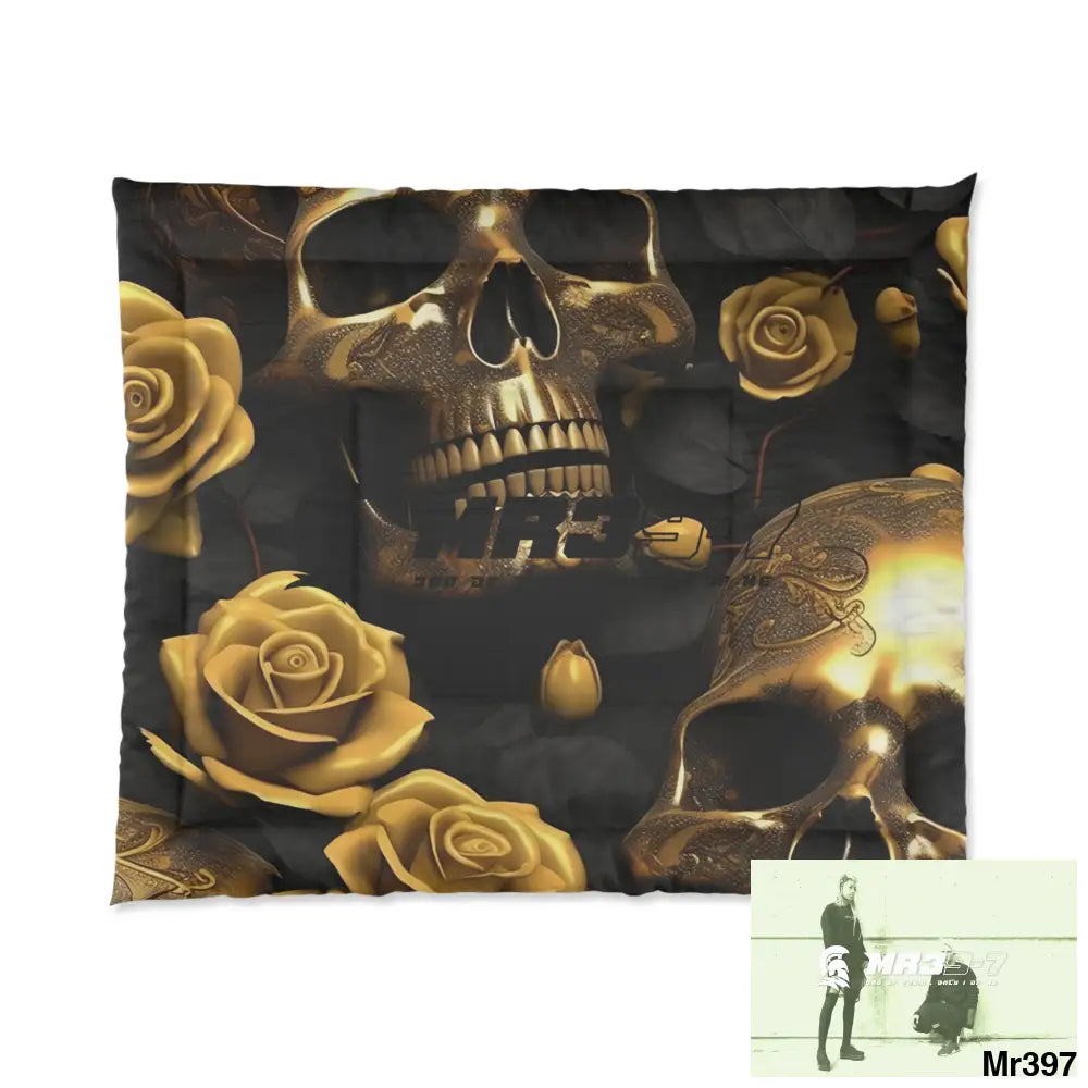 MR39-7 Gold Skulls & Roses Comforter 104’’ × 88’’ Home Decor