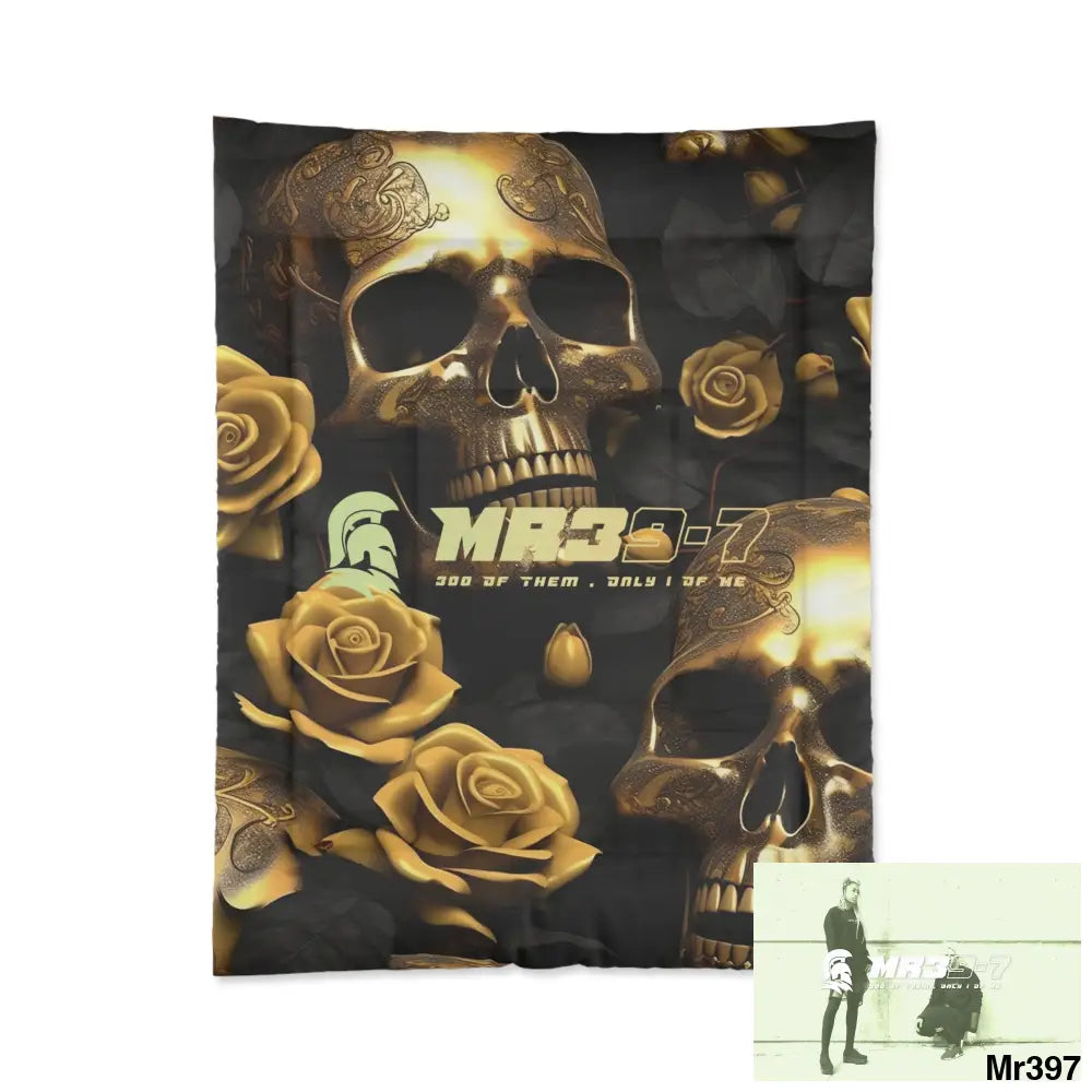 MR39-7 Gold Skulls & Roses Comforter 68’’ × 88’’ Home Decor
