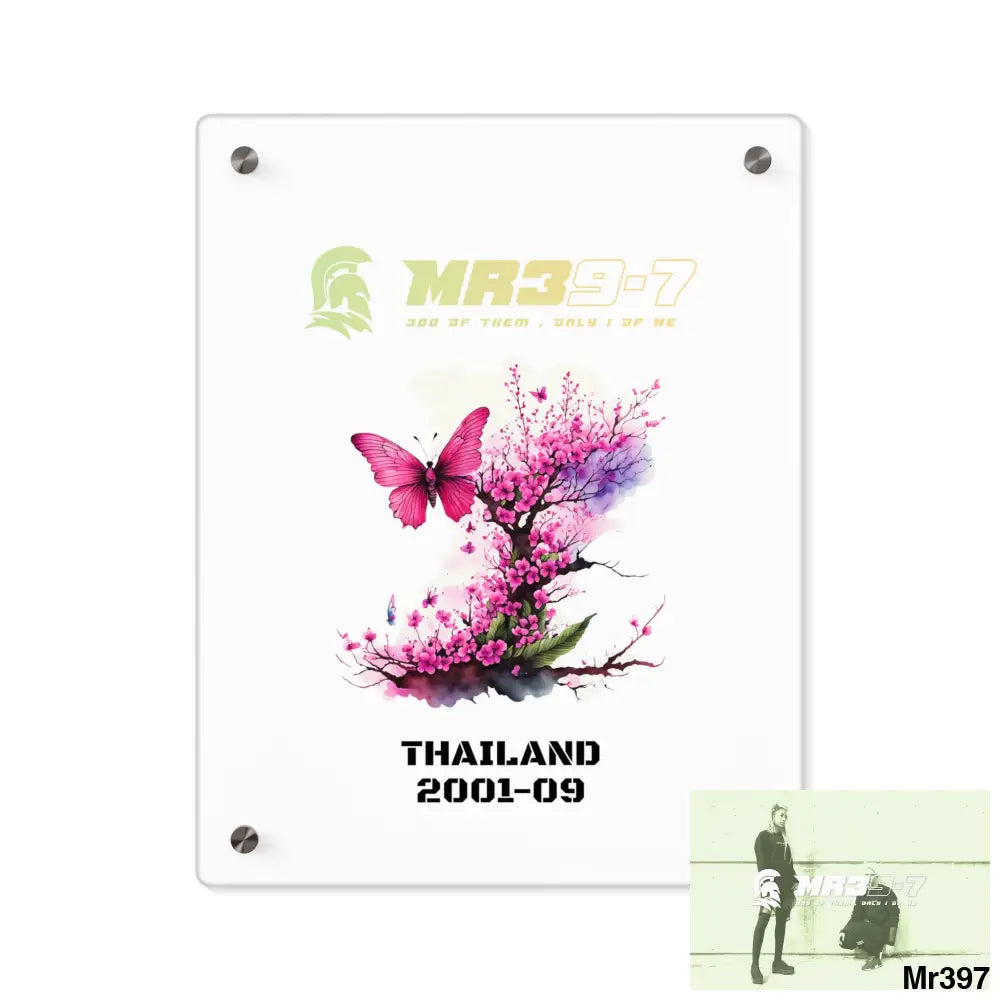MR39-7 Thailand 2001--09 Pink Butterfly on Ornamental Cherry Tree Branch. Acrylic Wall Art Panels 11″ x 14″ (Vertical)