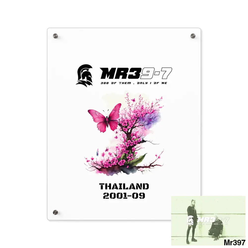 MR39-7 Thailand 2001--09 Pink Butterfly on Ornamental Cherry Tree Branch Acrylic Wall Art Panels 16″ x 20″ (Vertical)