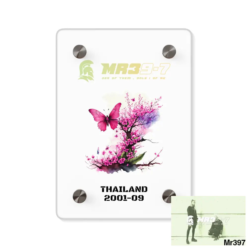 MR39-7 Thailand 2001--09 Pink Butterfly on Ornamental Cherry Tree Branch. Acrylic Wall Art Panels 5’’ x 7’’ (Vertical)