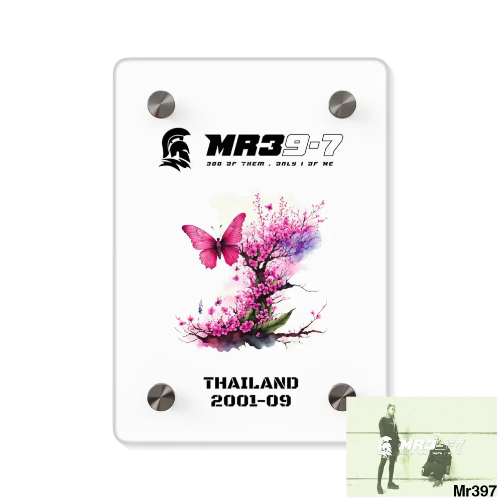 MR39-7 Thailand 2001--09 Pink Butterfly on Ornamental Cherry Tree Branch Acrylic Wall Art Panels 5’’ x 7’’ (Vertical)