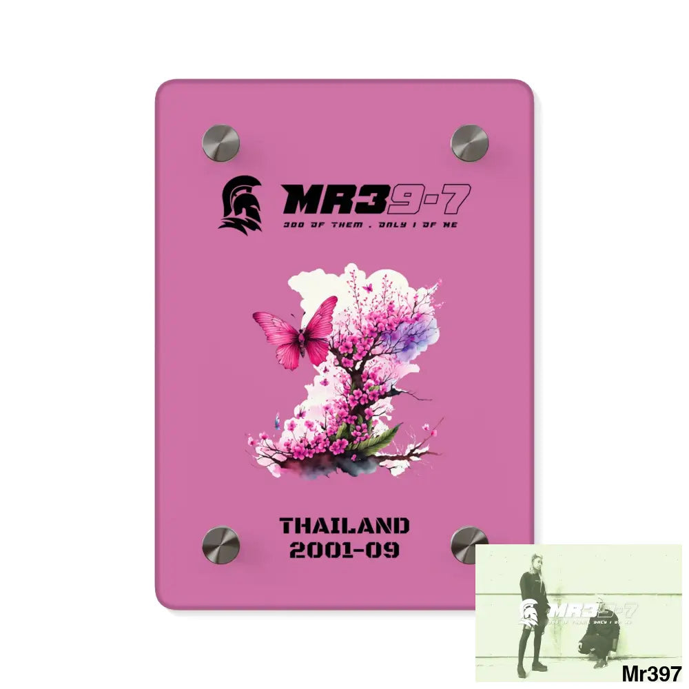 MR39-7 Thailand 2001--09 Pink Butterfly on Ornamental Cherry Tree Branch Acrylic Wall Art Panels 5’’ x 7’’ (Vertical)