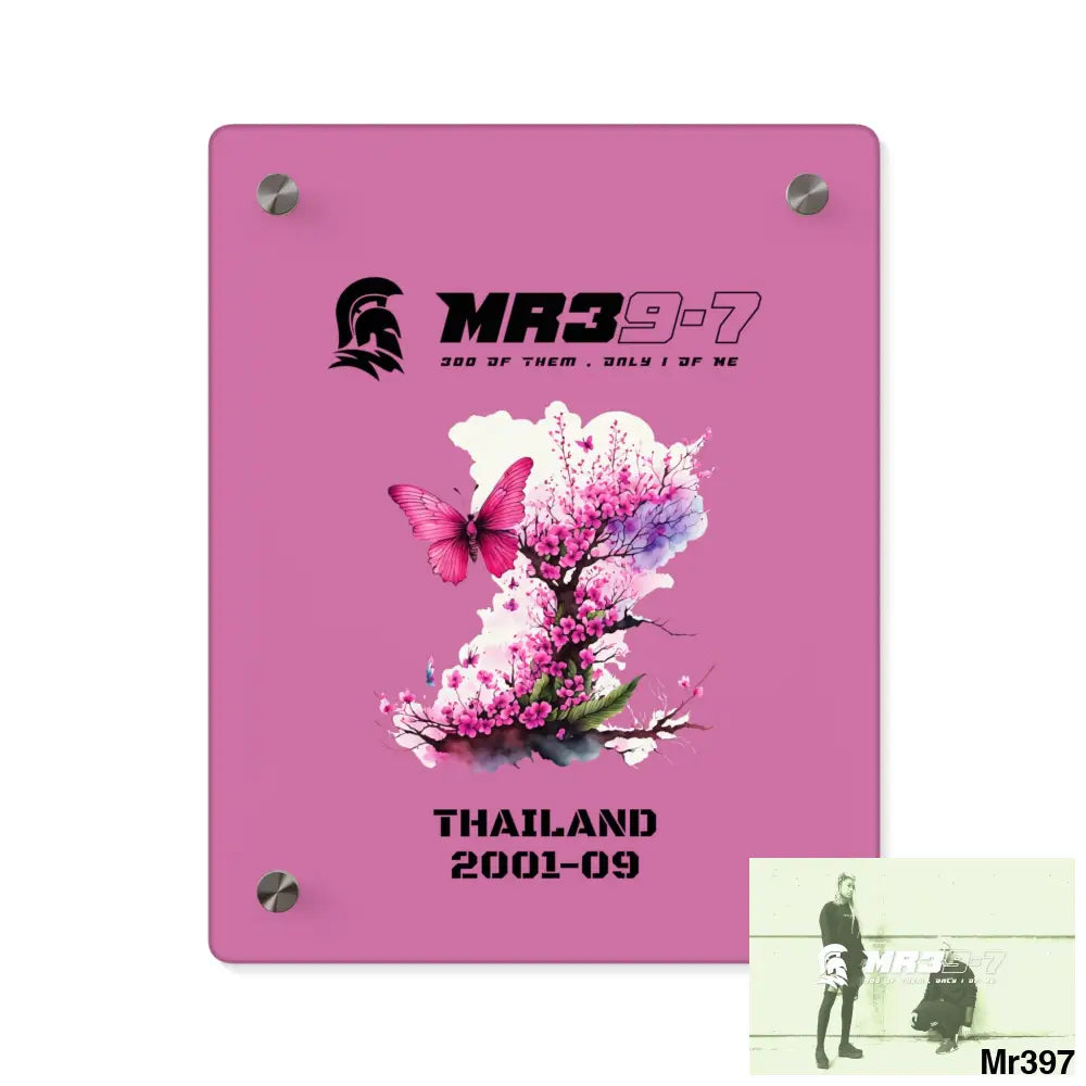 MR39-7 Thailand 2001--09 Pink Butterfly on Ornamental Cherry Tree Branch Acrylic Wall Art Panels 8″ x 10″ (Vertical)