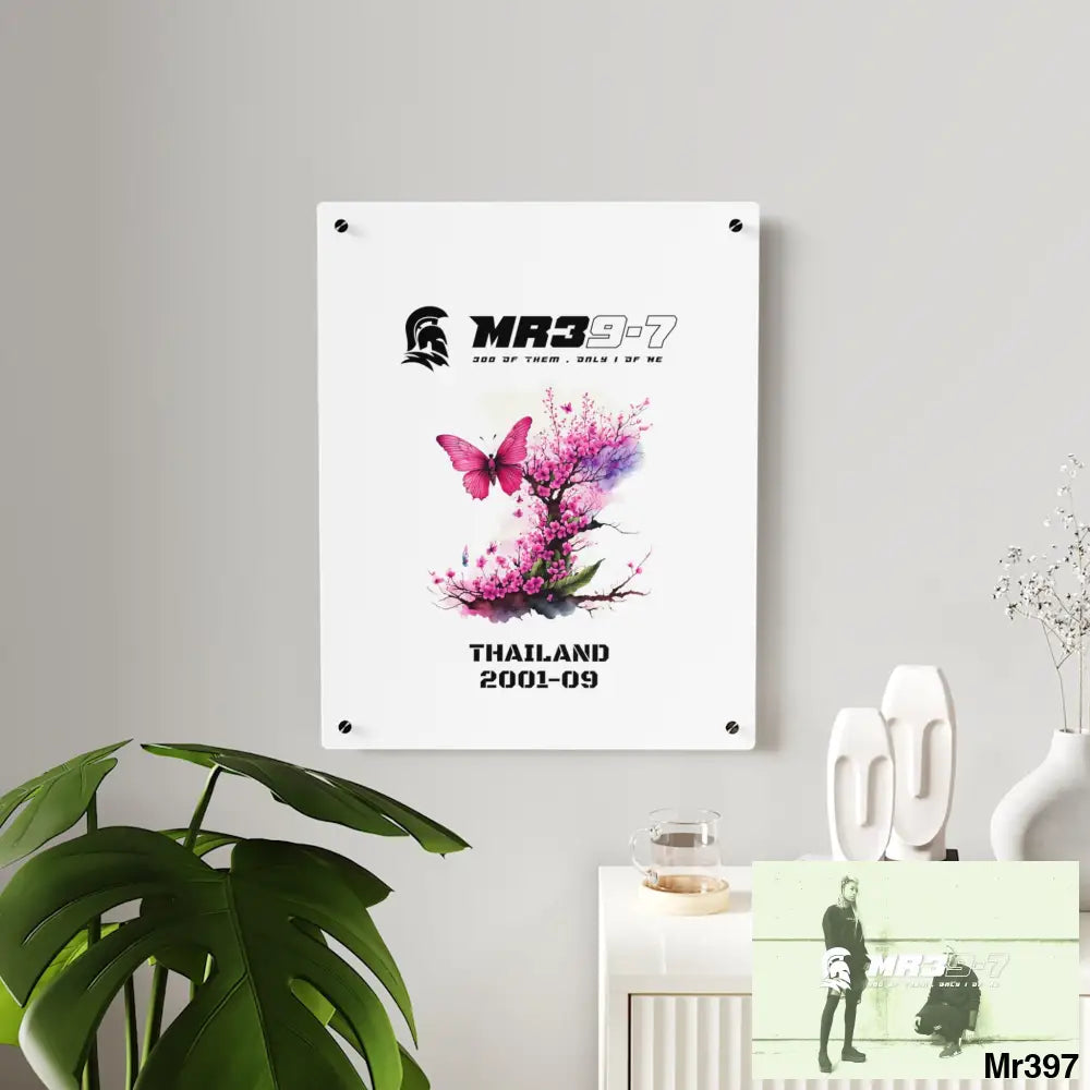 MR39-7 Thailand 2001--09 Pink Butterfly on Ornamental Cherry Tree Branch Acrylic Wall Art Panels Home Decor
