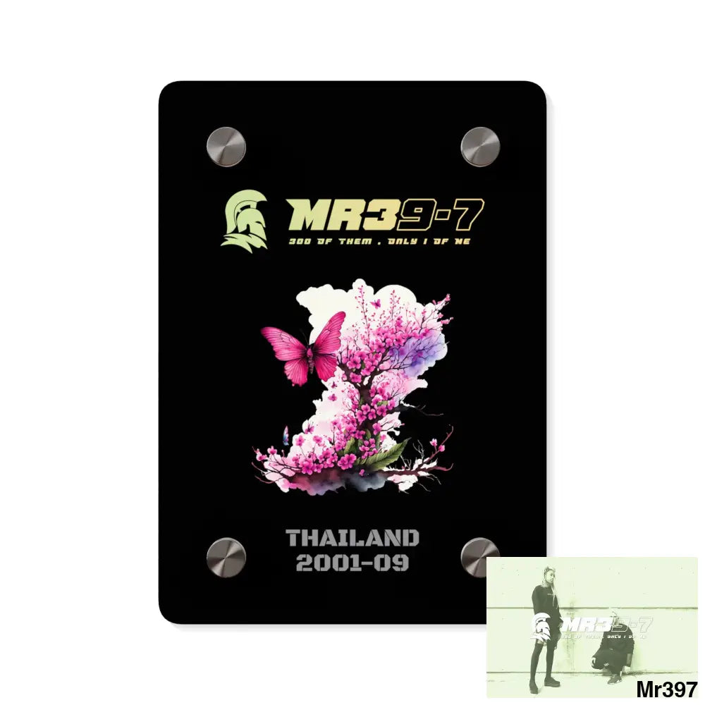 MR39-7 Thailand 2001--09Pink Butterfly on Ornamental Cherry Tree Branch Acrylic Wall Art Panels 5’’ x 7’’ (Vertical)