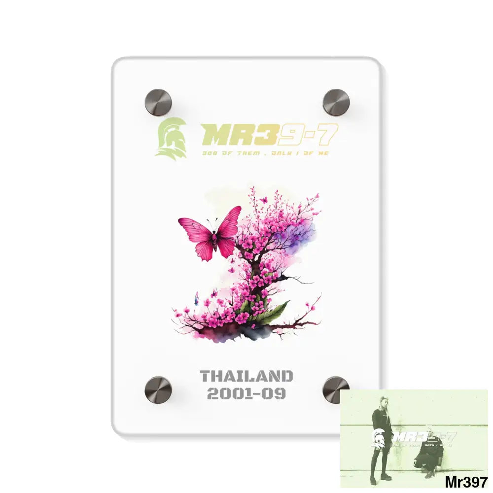 MR39-7 Thailand 2001 -2009 Pink Butterfly on Ornamental Cherry Tree Branch Acrylic Wall Art Panels 5’’ x 7’’ (Vertical)