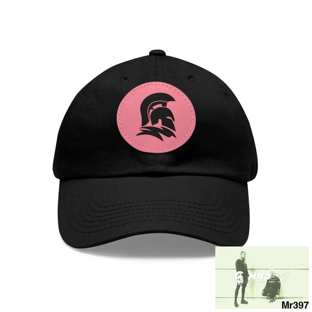 MR39 Sparta Dad Hat with Leather Patch (Round) Black / Pink patch / Circle / One size Hats