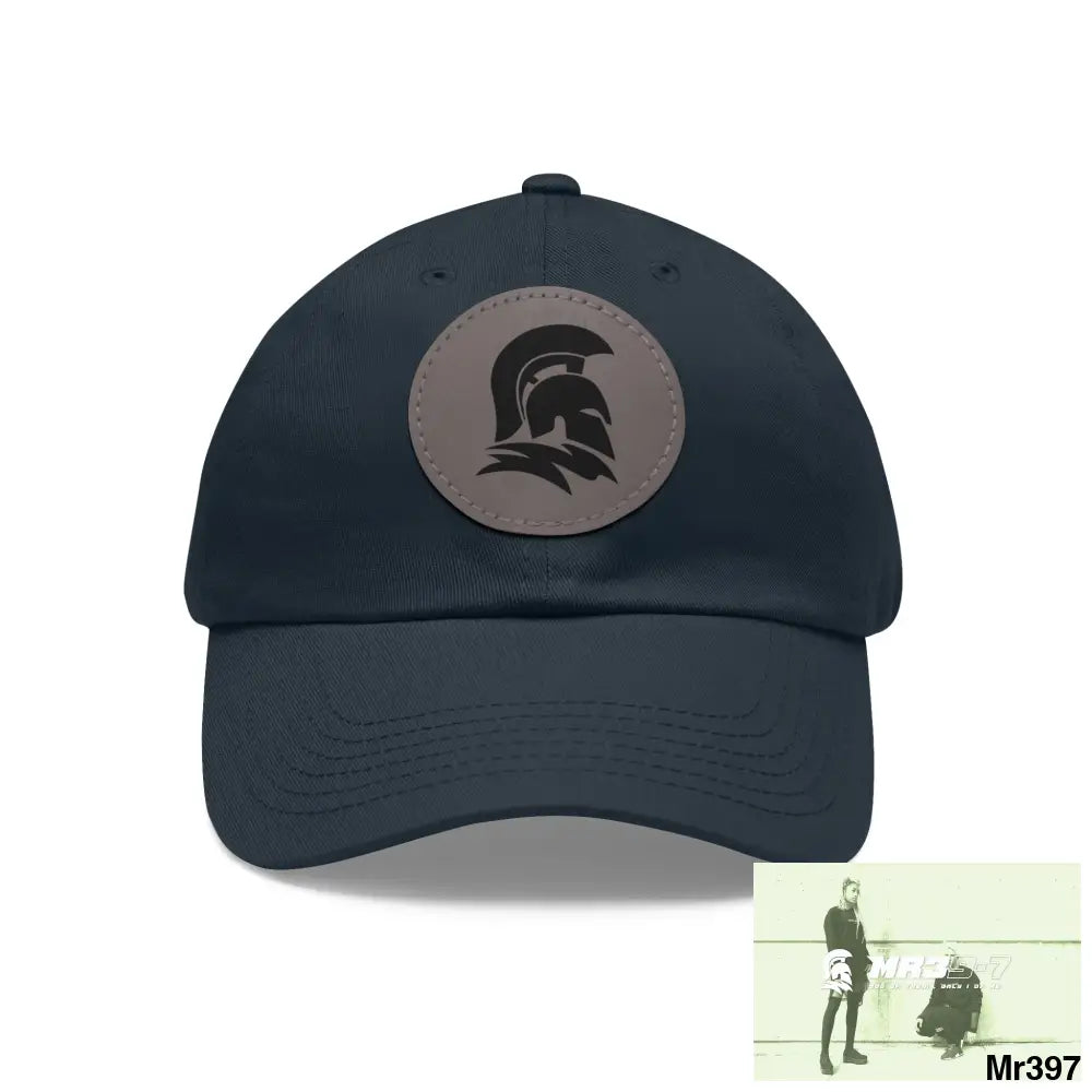 MR39 Sparta Dad Hat with Leather Patch (Round) Navy / Grey patch / Circle / One size Hats