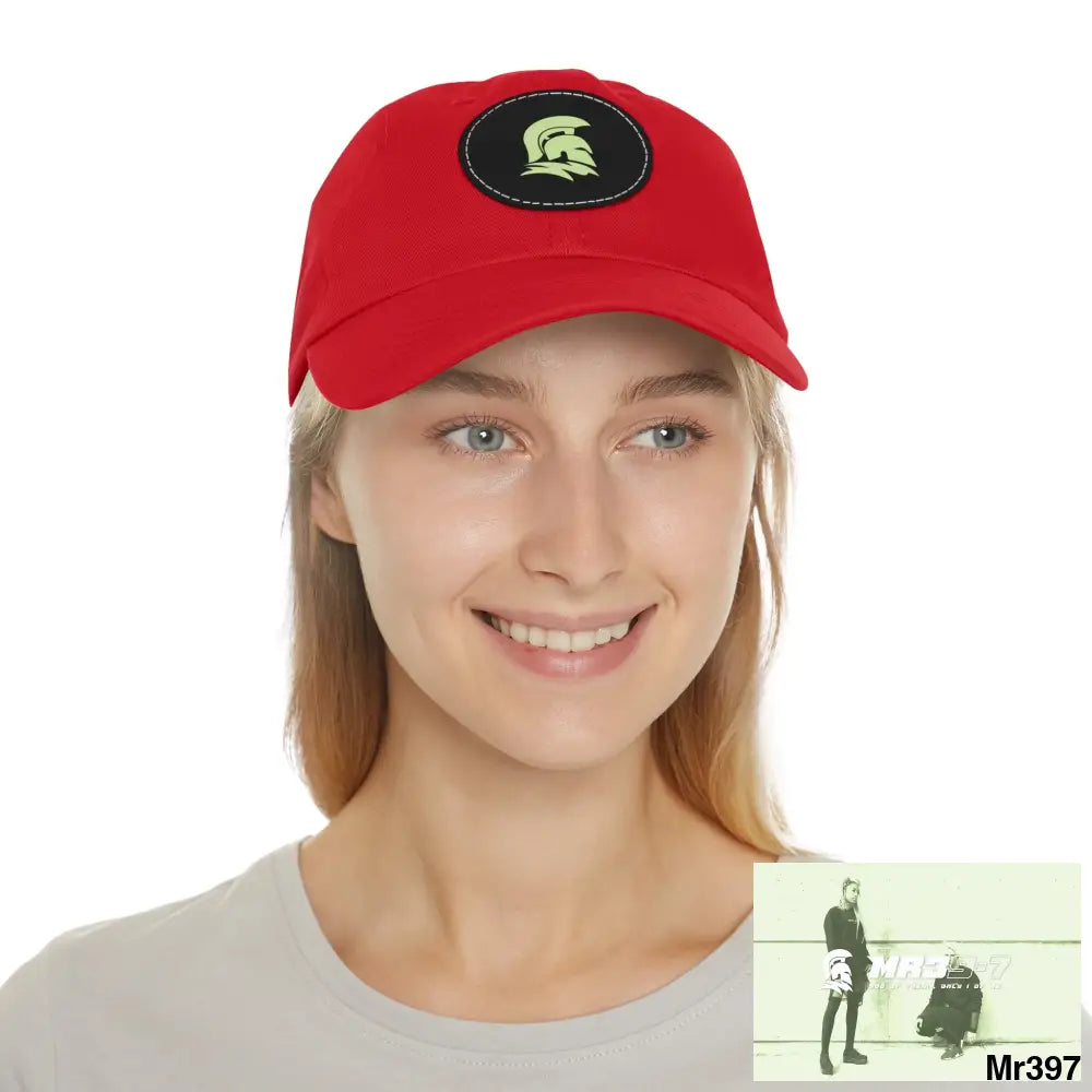 MR39 Sparta Dad Hat with Leather Patch (Round) Red / Black patch / Circle / One size Hats