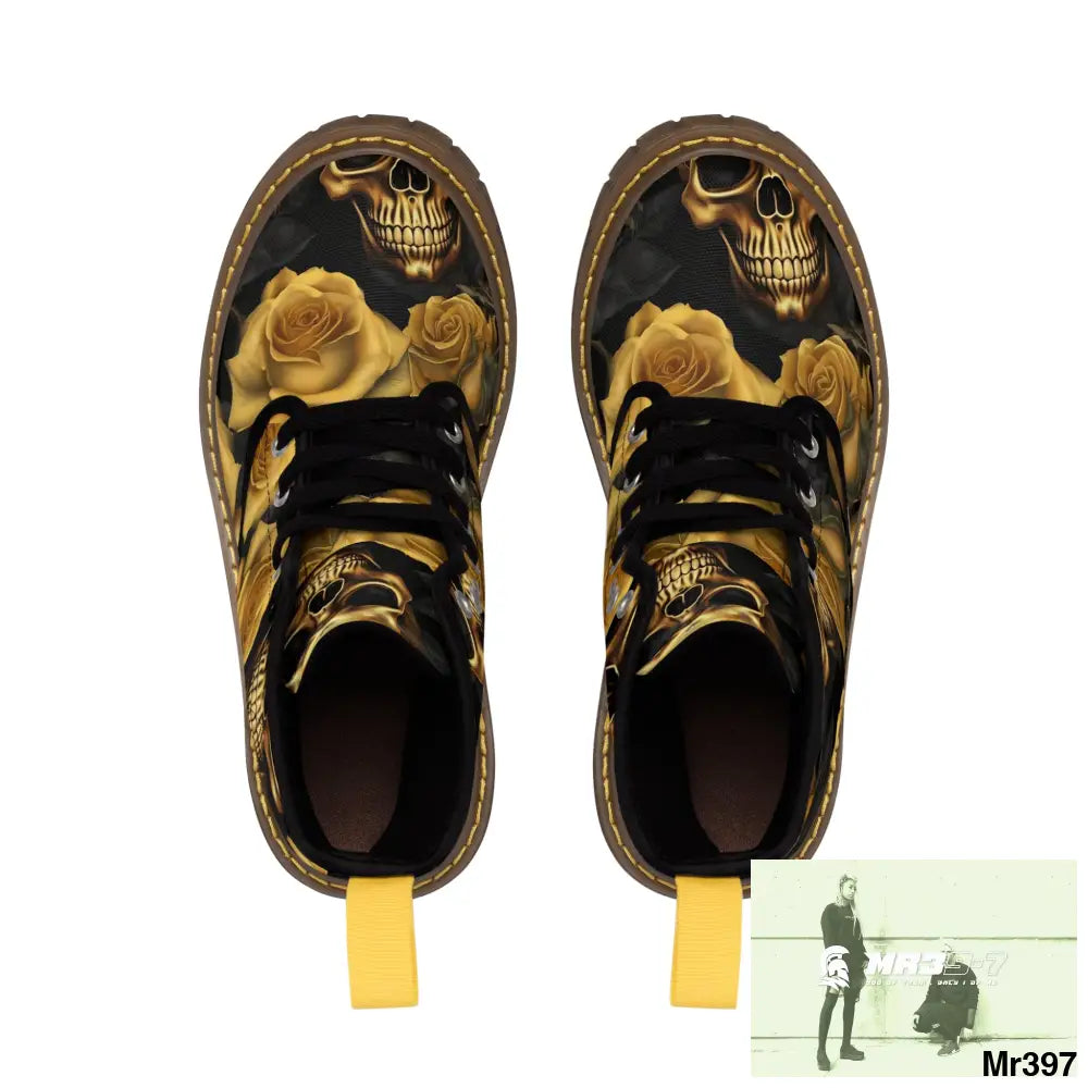 MR39’S No 2 Gothic Skulls and Gold Roses Canvas Boots AOP Shoes