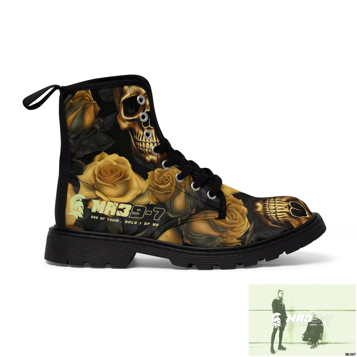 MR39’S No 2 Gothic Skulls and Gold Roses Canvas Boots AOP US 7 / Black sole Shoes