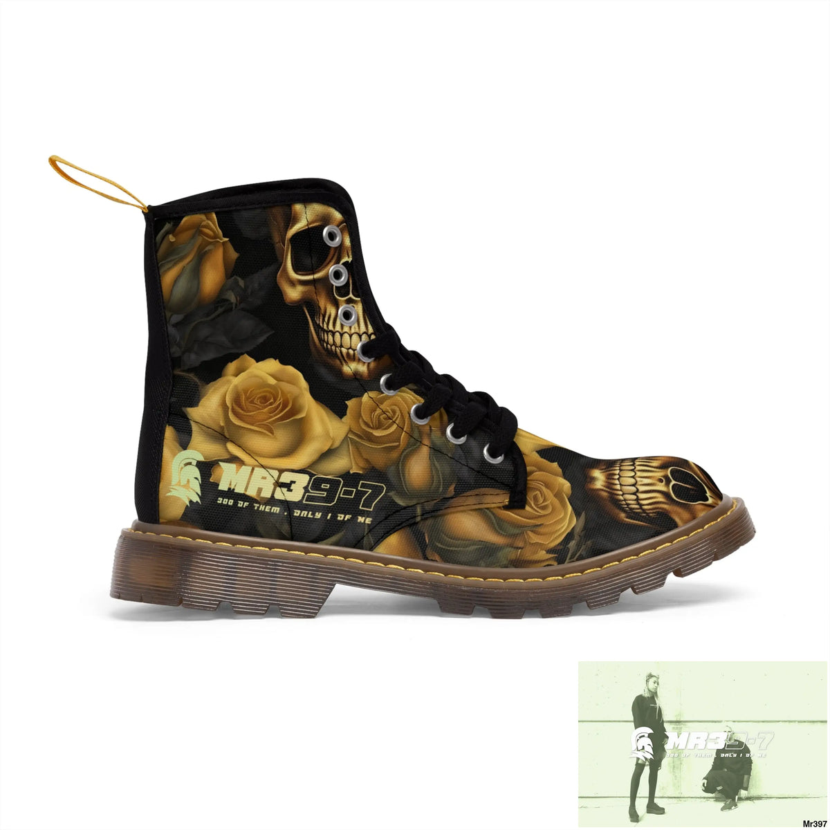 MR39’S No 2 Gothic Skulls and Gold Roses Canvas Boots AOP US 7 / Brown sole Shoes