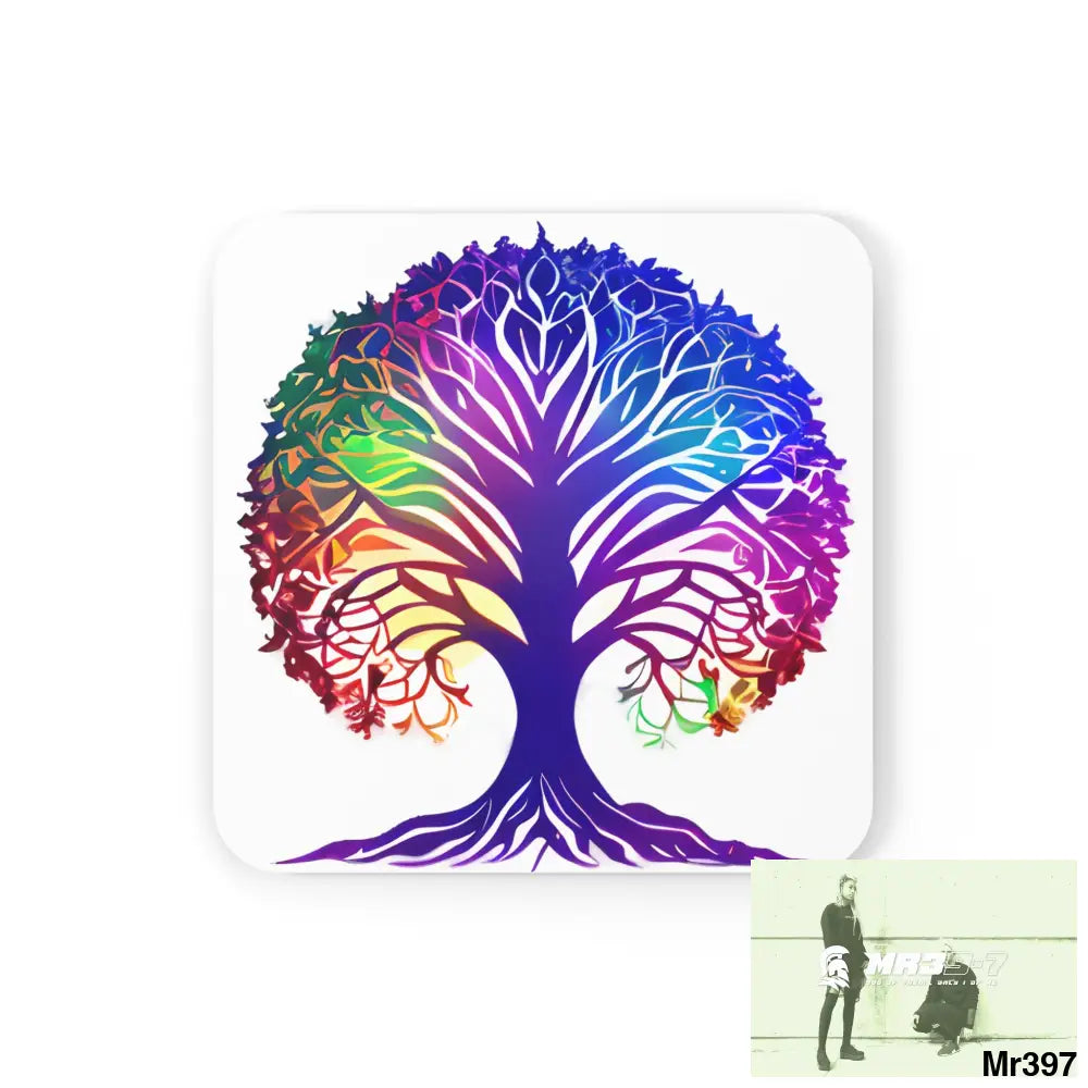 Multi coloured tree of life Corkwood Coaster Set Cork / 3.75’’ × 3.75’’ / Square Home Decor