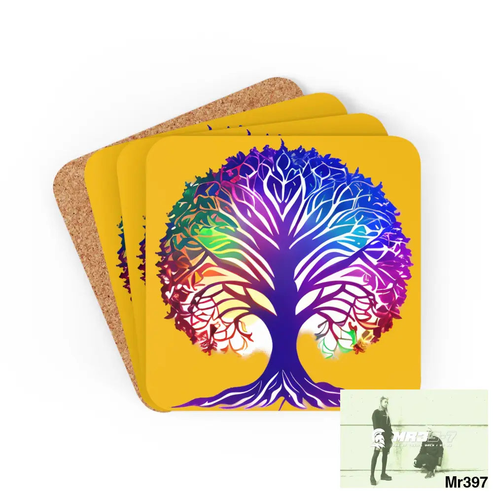 Multi coloured tree of life Corkwood Coaster Set Cork / 3.75’’ × 3.75’’ / Square Home Decor