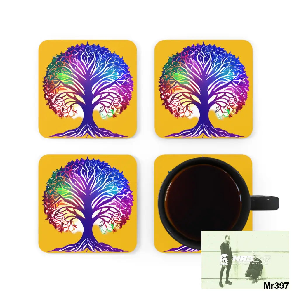 Multi coloured tree of life Corkwood Coaster Set Cork / 3.75’’ × 3.75’’ / Square Home Decor