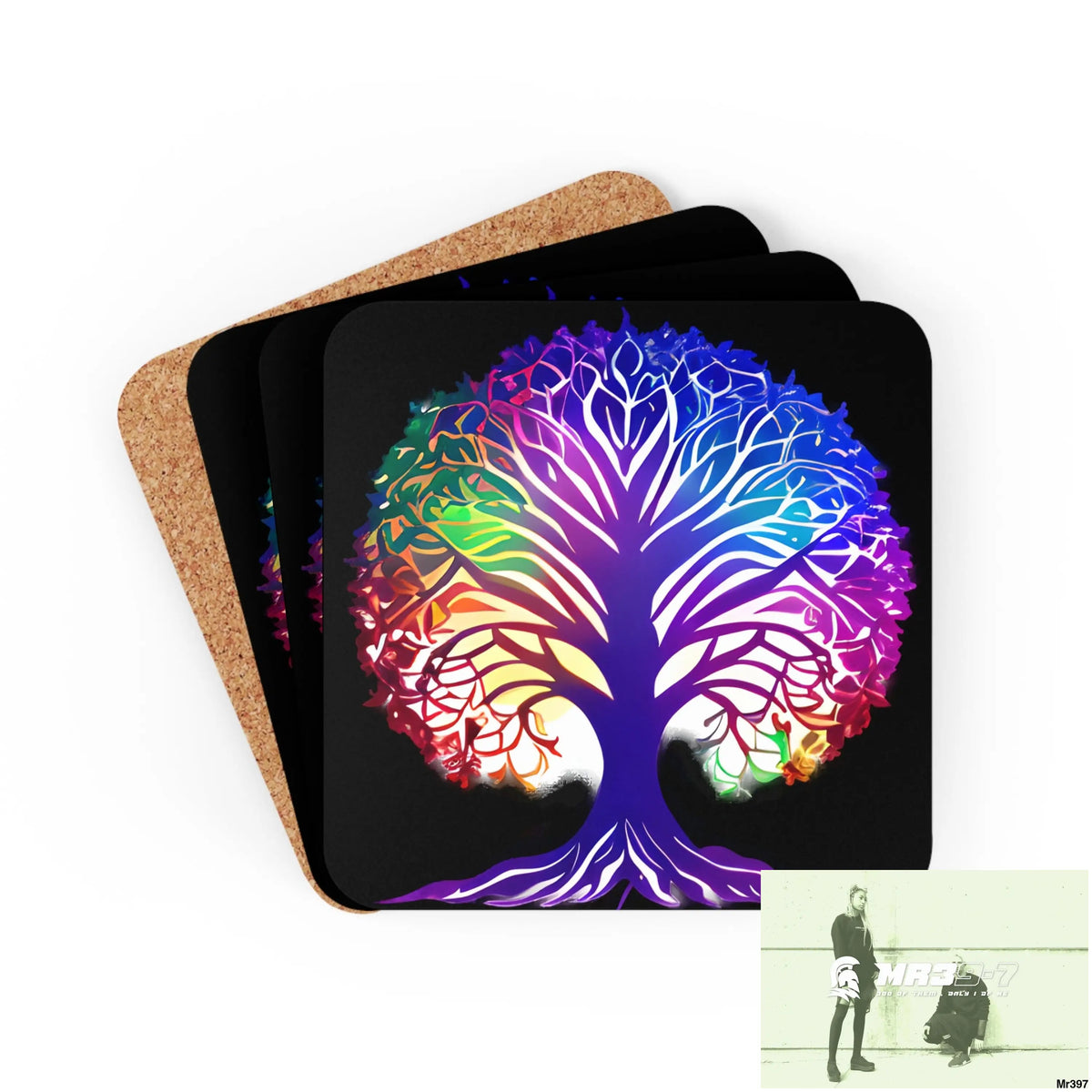 Multi coloured tree of life Corkwood Coaster Set Cork / 3.75’’ × 3.75’’ / Square Home Decor