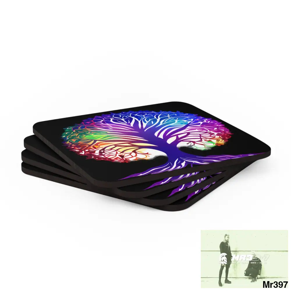 Multi coloured tree of life Corkwood Coaster Set Cork / 3.75’’ × 3.75’’ / Square Home Decor