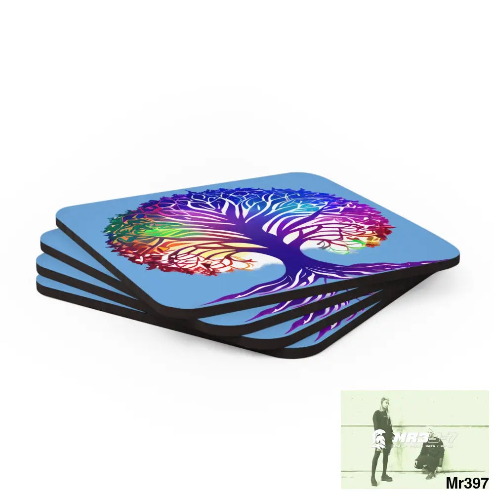 Multi coloured tree of life Corkwood Coaster Set Cork / 3.75’’ × 3.75’’ / Square Home Decor