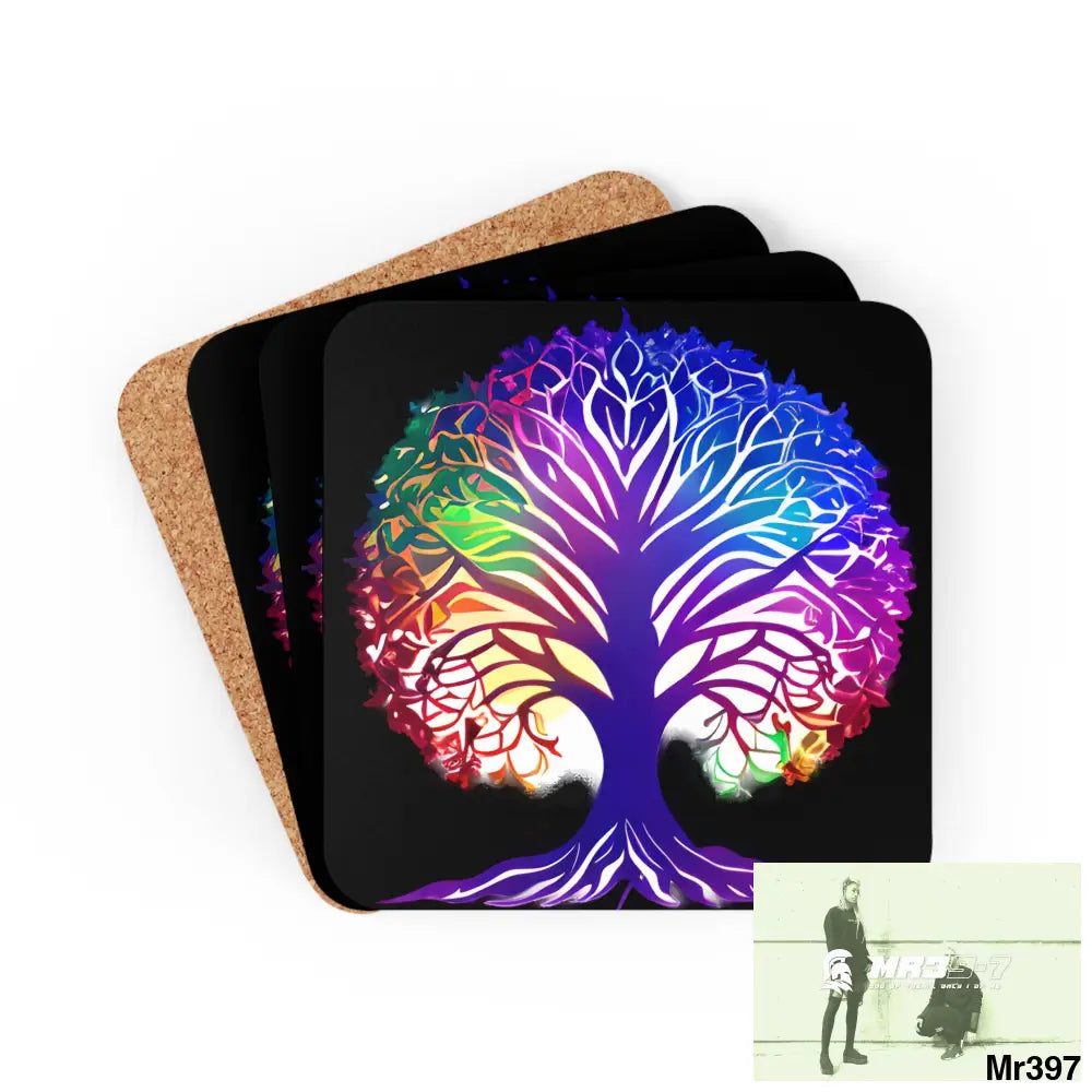 Multi coloured tree of life Corkwood Coaster Set Cork / 3.75’’ × 3.75’’ / Square Home Decor