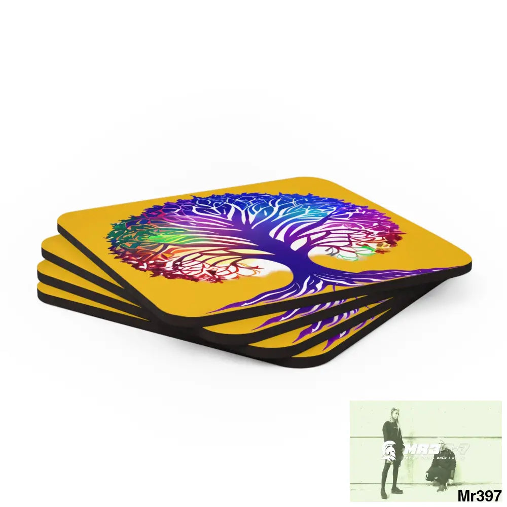 Multi coloured tree of life Corkwood Coaster Set Cork / 3.75’’ × 3.75’’ / Square Home Decor