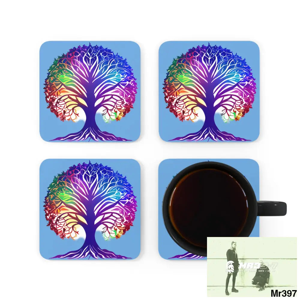 Multi coloured tree of life Corkwood Coaster Set Cork / 3.75’’ × 3.75’’ / Square Home Decor