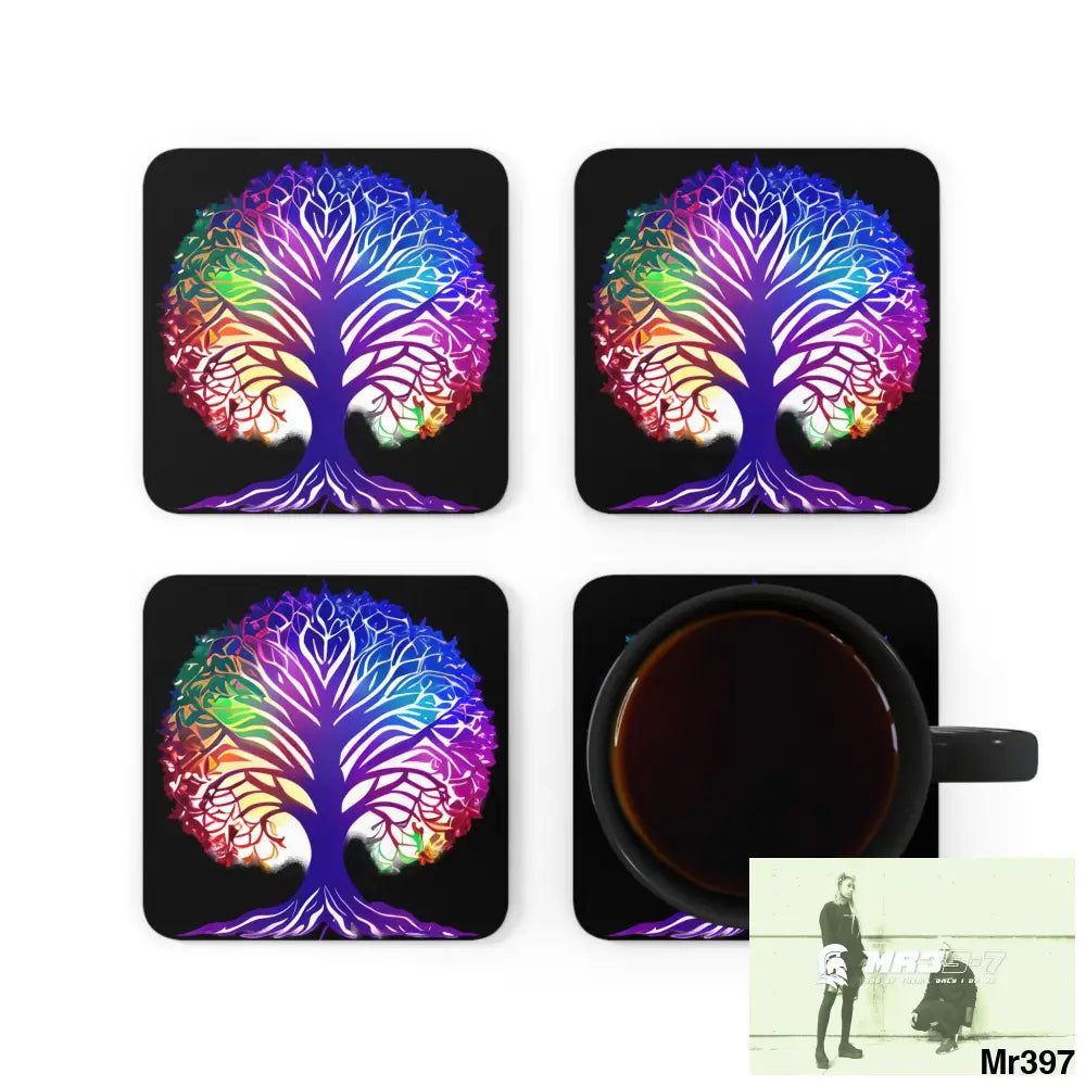 Multi coloured tree of life Corkwood Coaster Set Cork / 3.75’’ × 3.75’’ / Square Home Decor
