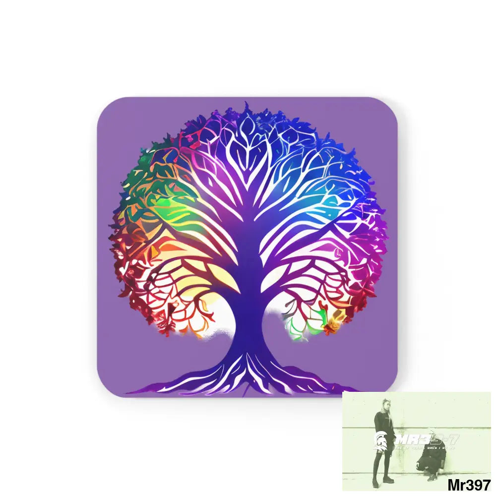 Multi coloured tree of life Corkwood Coaster Set Cork / 3.75’’ × 3.75’’ / Square Home Decor