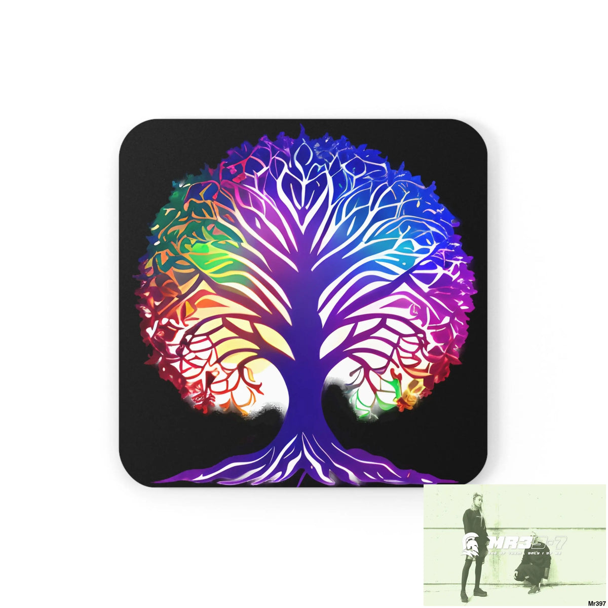 Multi coloured tree of life Corkwood Coaster Set Cork / 3.75’’ × 3.75’’ / Square Home Decor