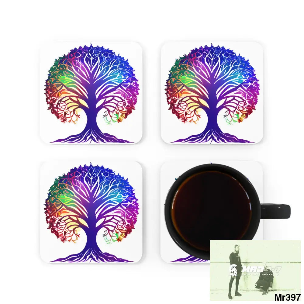 Multi coloured tree of life Corkwood Coaster Set Cork / 3.75’’ × 3.75’’ / Square Home Decor