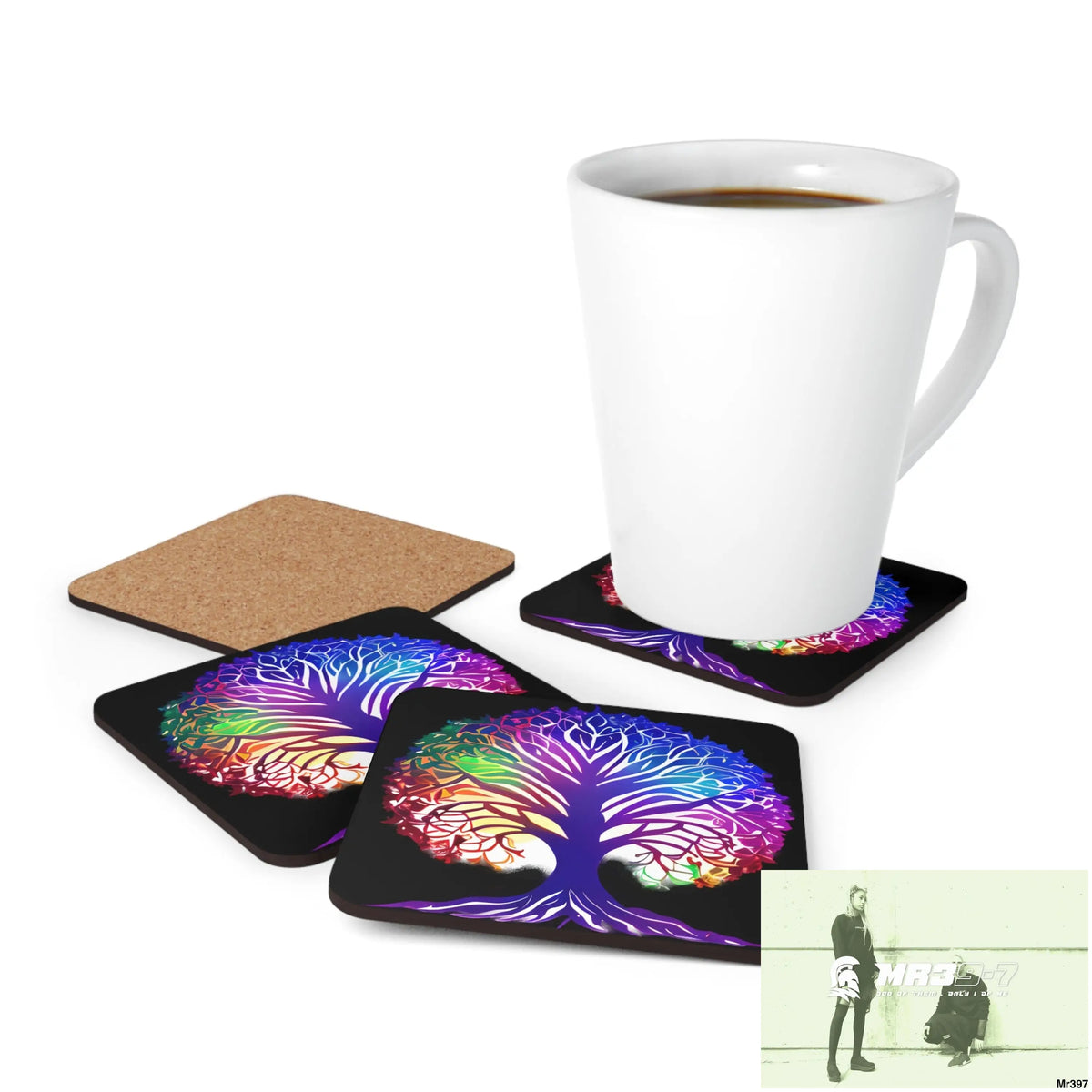 Multi coloured tree of life Corkwood Coaster Set Cork / 3.75’’ × 3.75’’ / Square Home Decor