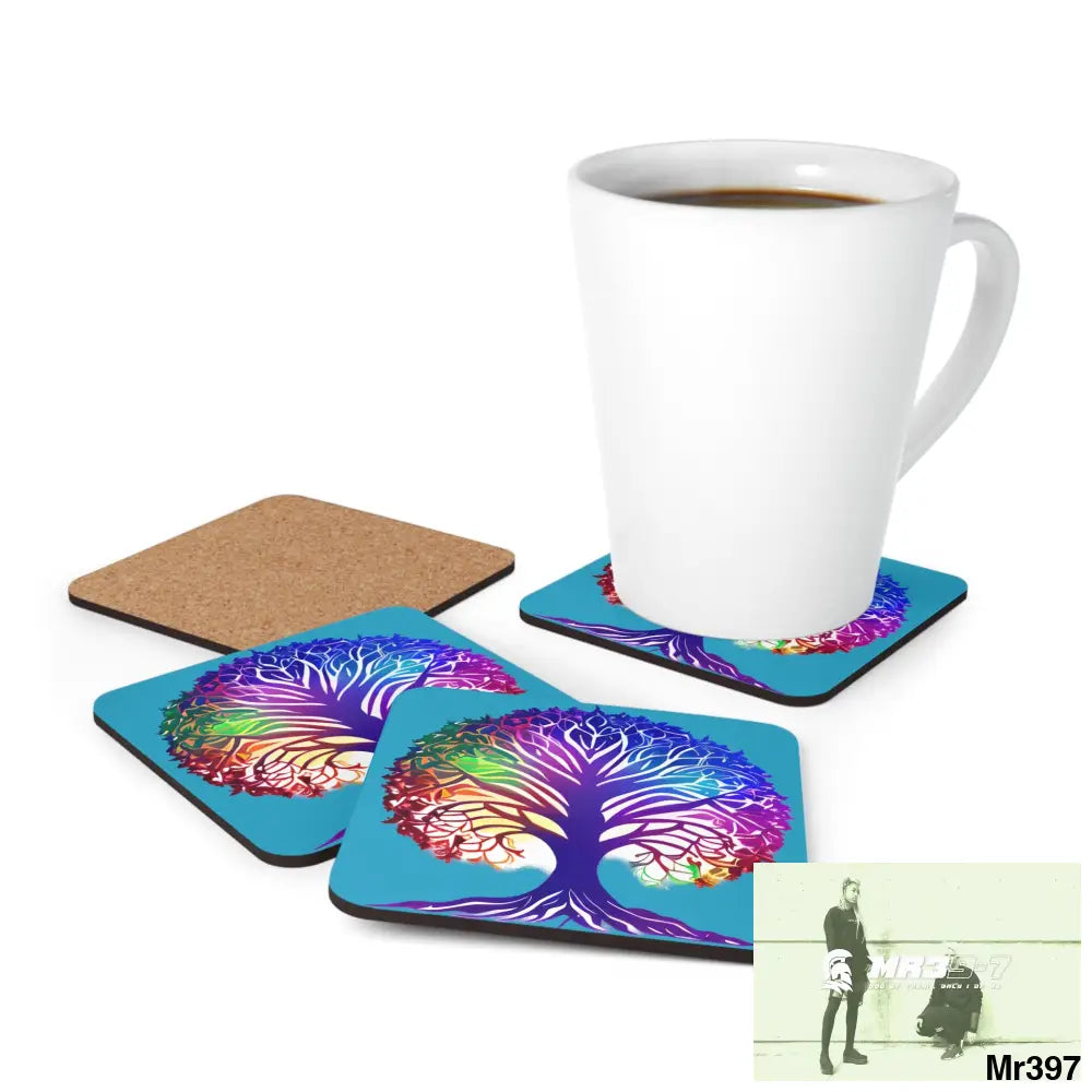 Multi coloured tree of life Corkwood Coaster Set Cork / 3.75’’ × 3.75’’ / Square Home Decor