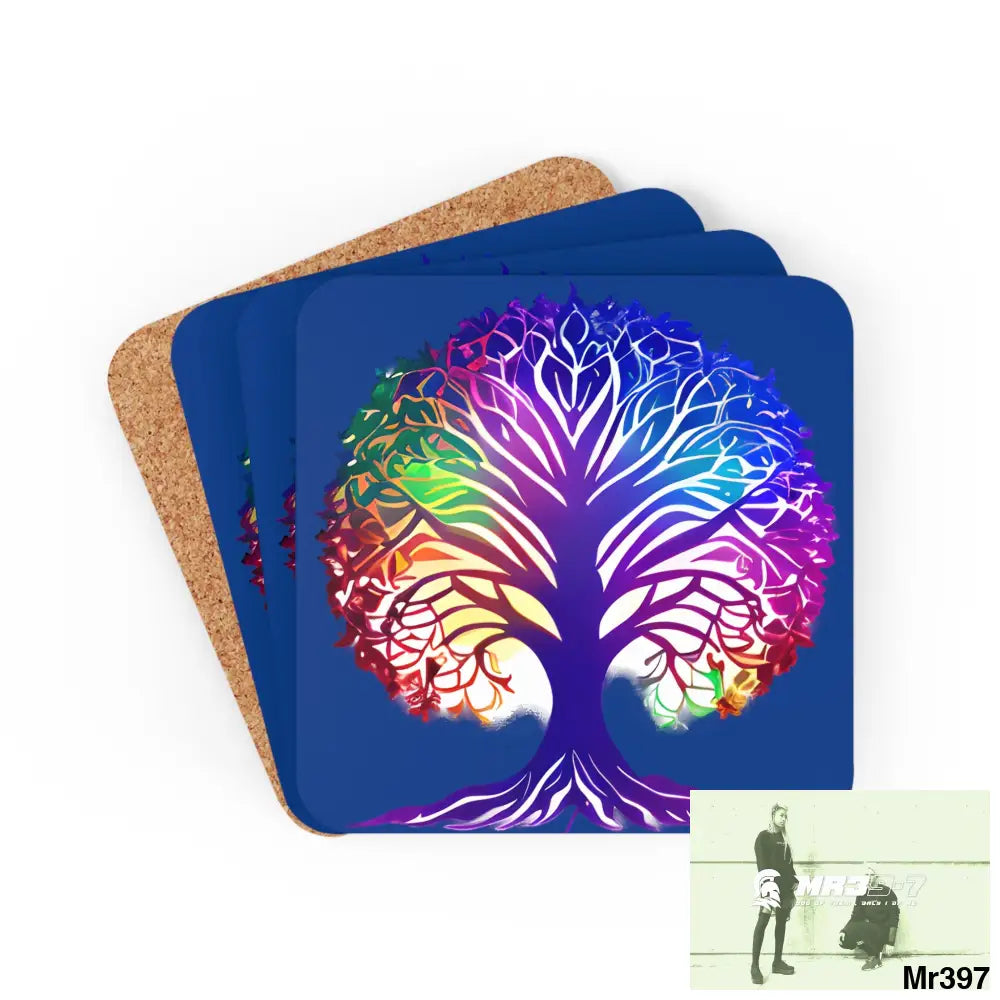 Multi coloured tree of life Corkwood Coaster Set Cork / 3.75’’ × 3.75’’ / Square Home Decor