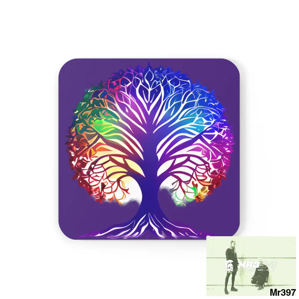 Multi coloured tree of life Corkwood Coaster Set Cork / 3.75’’ × 3.75’’ / Square Home Decor