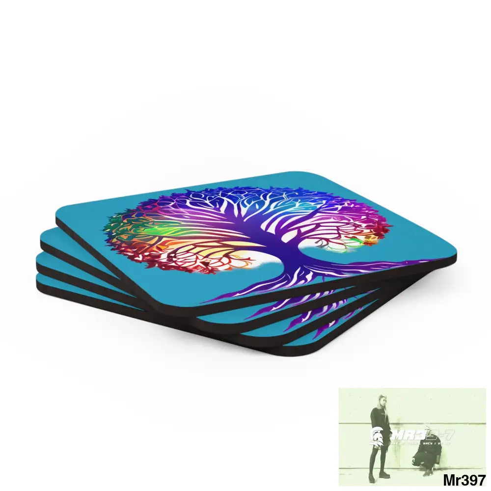 Multi coloured tree of life Corkwood Coaster Set Cork / 3.75’’ × 3.75’’ / Square Home Decor