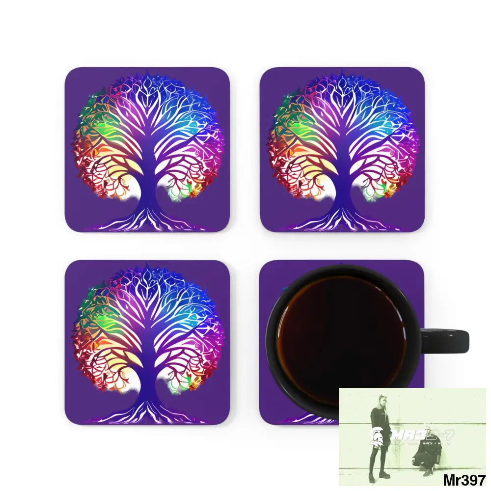 Multi coloured tree of life Corkwood Coaster Set Cork / 3.75’’ × 3.75’’ / Square Home Decor