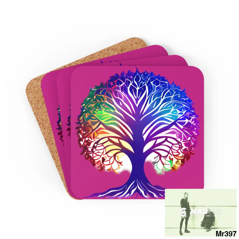 Multi coloured tree of life Corkwood Coaster Set Cork / 3.75’’ × 3.75’’ / Square Home Decor