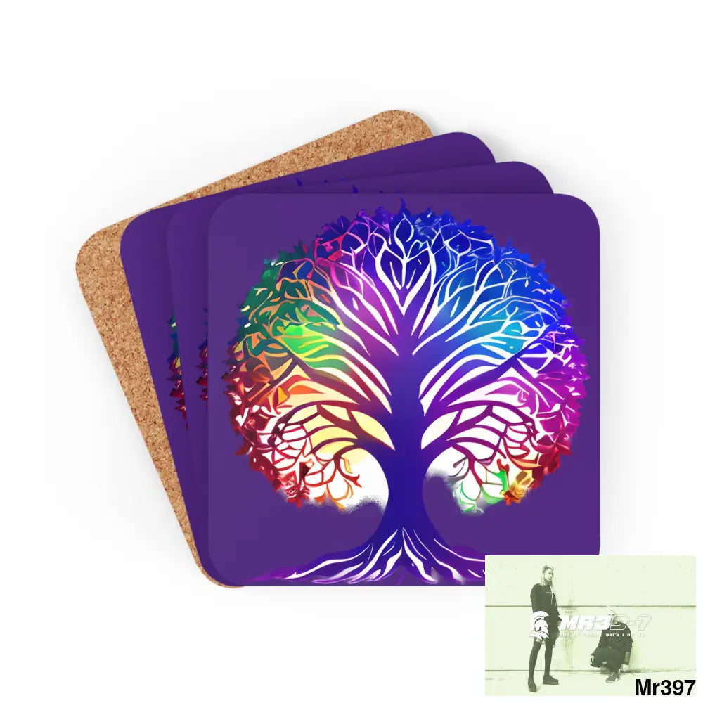 Multi coloured tree of life Corkwood Coaster Set Cork / 3.75’’ × 3.75’’ / Square Home Decor