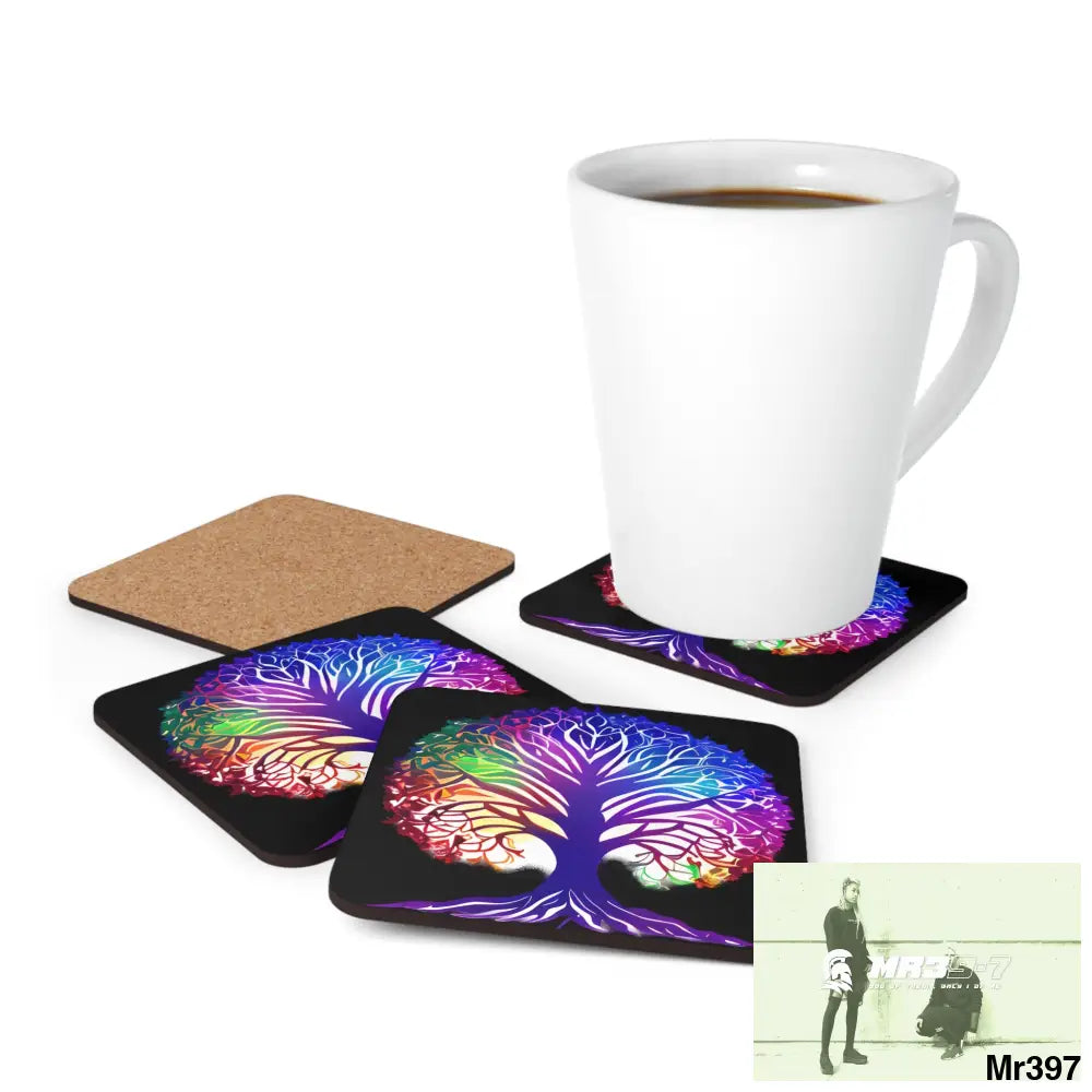 Multi coloured tree of life Corkwood Coaster Set Cork / 3.75’’ × 3.75’’ / Square Home Decor