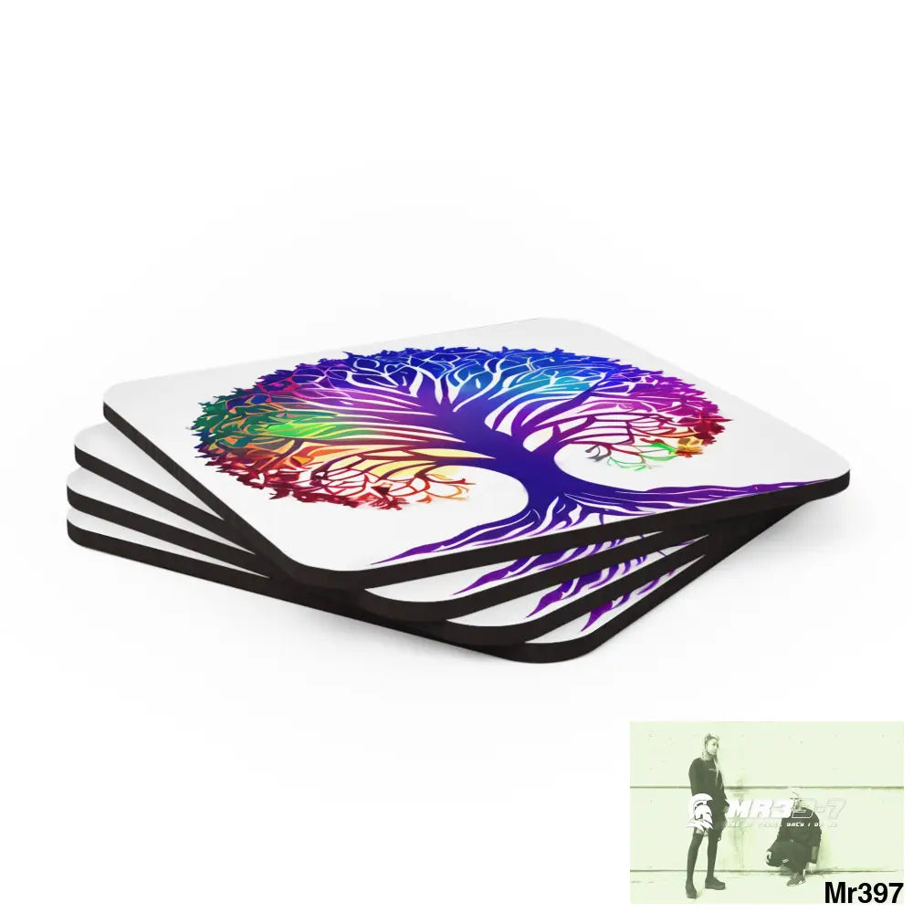 Multi coloured tree of life Corkwood Coaster Set Cork / 3.75’’ × 3.75’’ / Square Home Decor