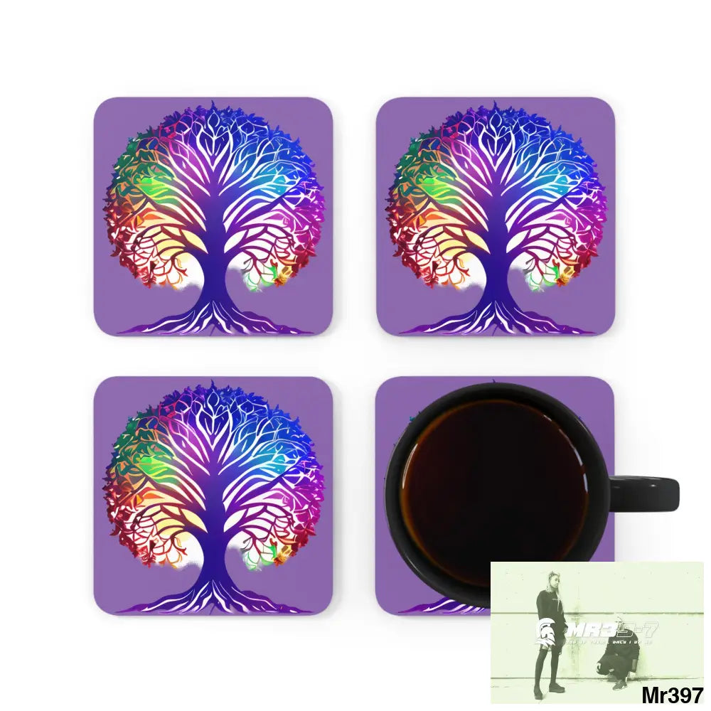 Multi coloured tree of life Corkwood Coaster Set Cork / 3.75’’ × 3.75’’ / Square Home Decor