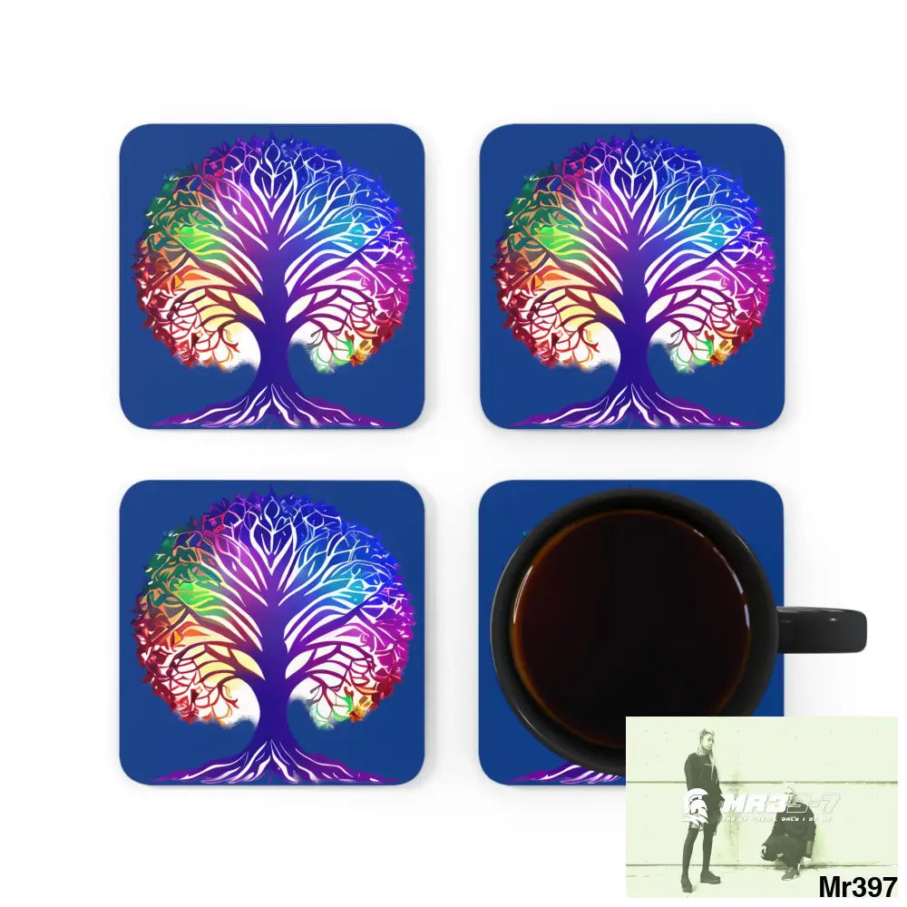 Multi coloured tree of life Corkwood Coaster Set Cork / 3.75’’ × 3.75’’ / Square Home Decor